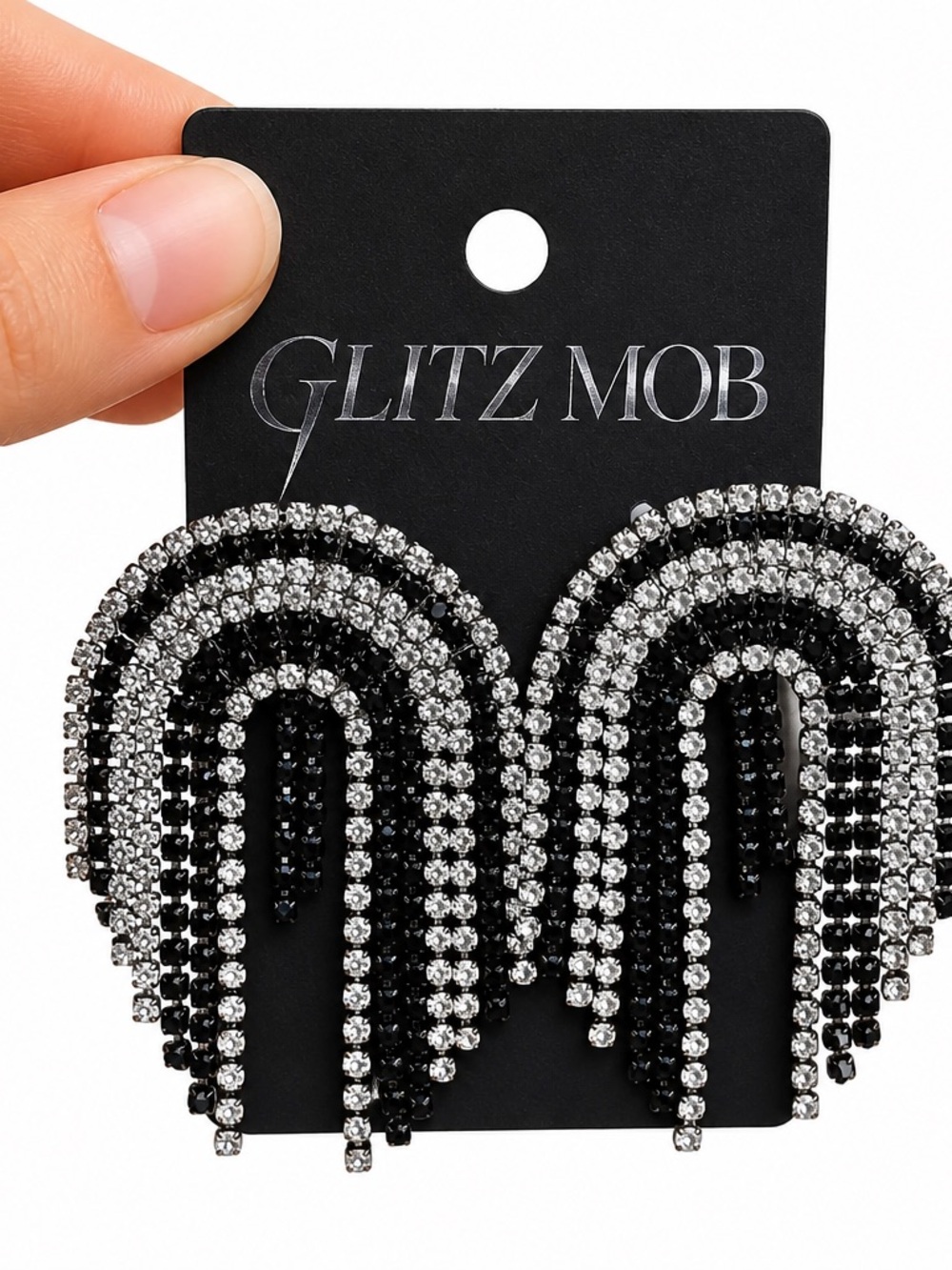 NEW Glitz Mob Black and Silver Cascading Rhinestone Arch Earrings